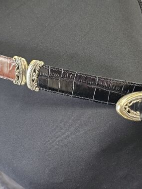Brighton Croc-Embossed  Brown/Black Belt with Ornate Gold Oval Buckle & Hardware